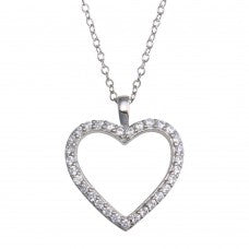 Sterling Silver 925 Rhodium Plated CZ Open Heart Necklace